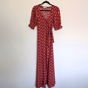 Elegant Red Floral Wrap Dress